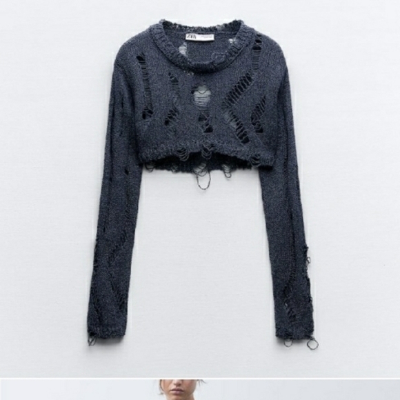 Zara Black Distressed Knit Crop Sweater - Picture 2 of 6